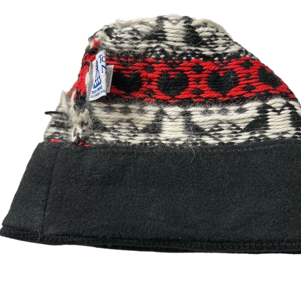 Vintage Fair Isle Wool Beanie Nordic Scandi Ski Hat Red Black Heart Pattern OS